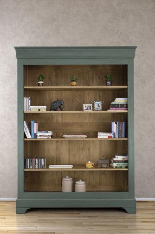 Bibliothque Thiago ralise en chne massif de style Louis Philippe 4 tagres Vert Antik