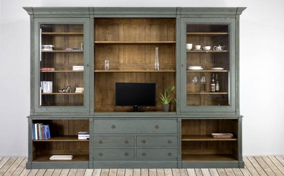 Bibliothque 2 corps ralise en Chne Massif de style Directoire Finition VERT ANTIK