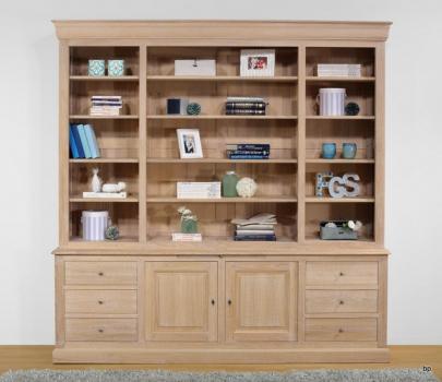 Bibliothque 2 corps Pierre, ralise en Chne Massif de style Louis Philippe LONGUEUR 240 cm Finition chne bross blanchi