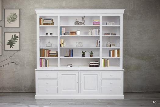 Bibliothque 2 corps Pierre, ralise en Chne Massif de style Louis Philippe LONGUEUR 240 cm Finition chne bross Ivoire