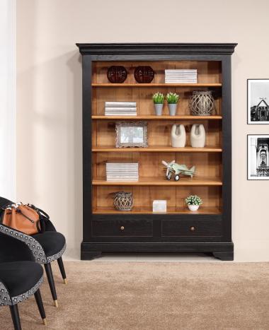 Bibliothque Nol ralise en Chne Massif de style Louis Philippe Campagnard Finition Chne bross Noir pour l'extrieur Chne dor patin pour l'intrieur