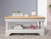 Table basse Eliot ralise en Chne de style Louis Philippe 1 tiroir de chaque ct Finition chne naturel pour le plateau et Gris perle pour le corps