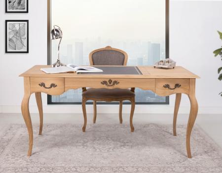 Bureau Ministre ralis en Chne de Style Louis XV Finition Chne bross Naturel Patin, moleskine noir au milieu